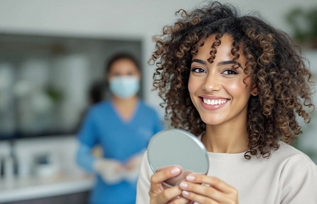 Woman smiling while looking at reflection in handheld mirror